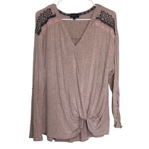 Artesia Women Large Front Knot Blouse Pink Embroidered Detailed Shoulders Boho